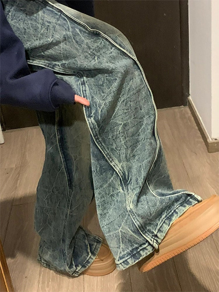 American Deconstructed Stitching Retro Blue Jeans High Street Pants Design Sense Micro Horn Straight Pants - Image 3